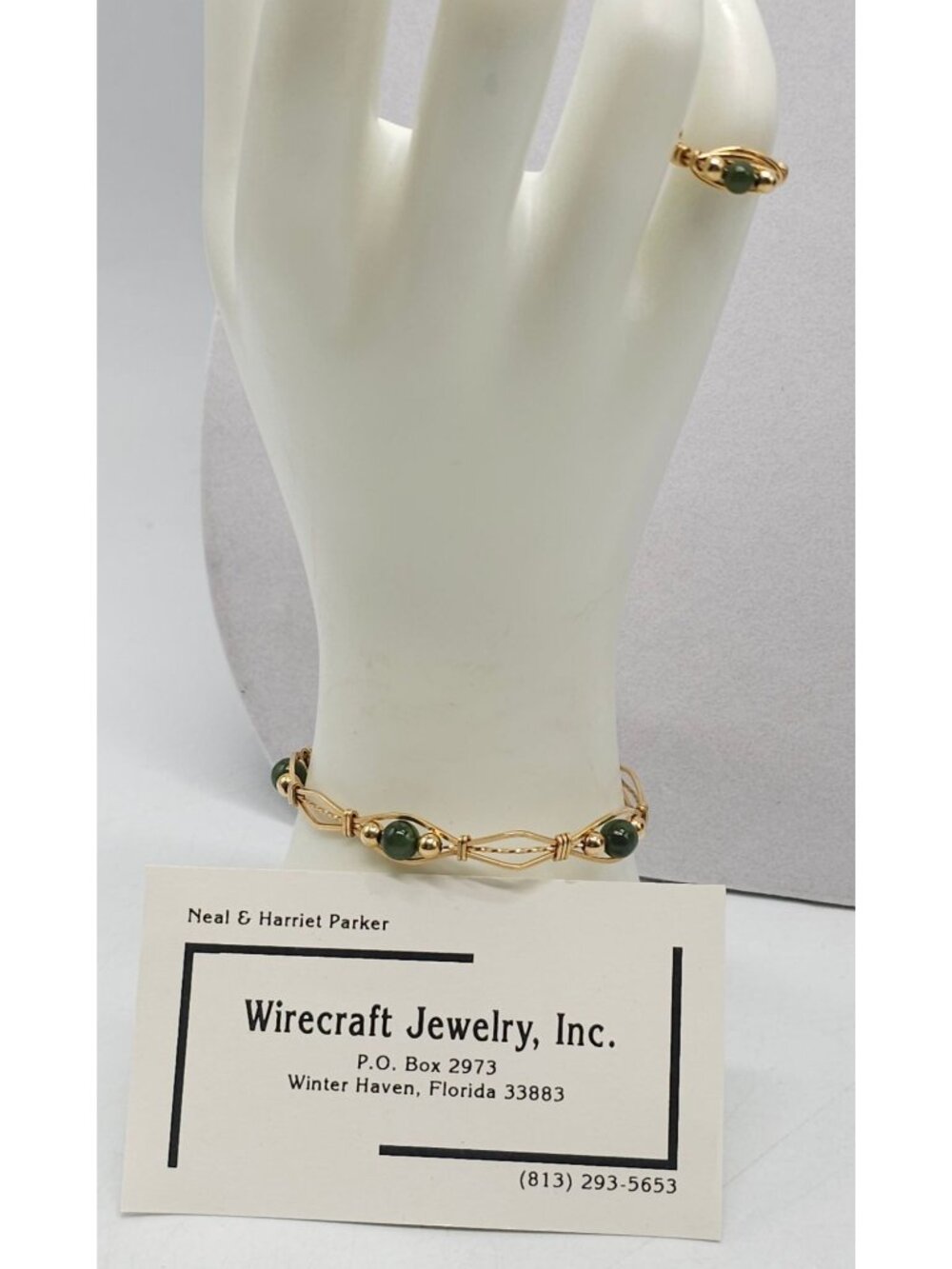 Wirecraft Jewelry Gold-Tone Wire Bracelet & Ring Set W/ Green Beads Handmade